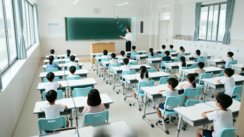 清聽聲學(xué)教室無感拾音系統(tǒng)，場景示意圖